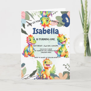 Cute Floral Rainbow Dinosaur Happy Birthday Party Invitation