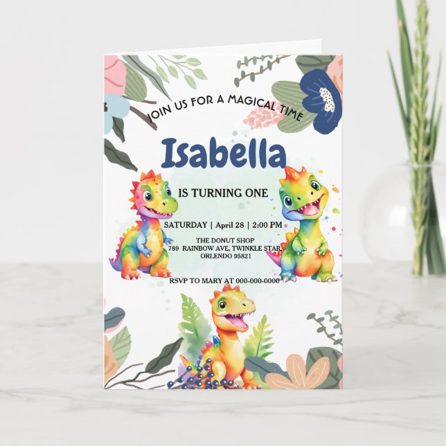 Cute Floral Rainbow Dinosaur Happy Birthday Party Invitation (Front)