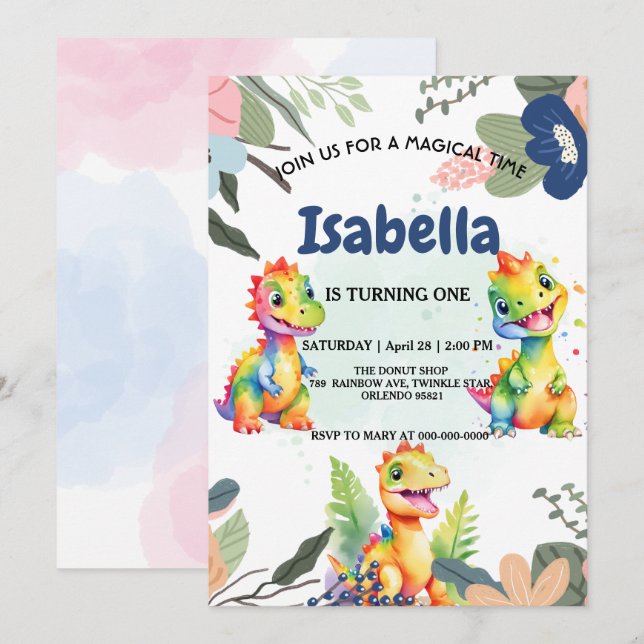 Cute Floral Rainbow Dinosaur Happy Birthday Party Invitation (Front/Back)