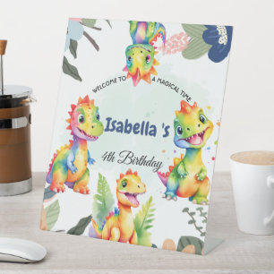 Cute Floral Rainbow Dinosaur Happy Birthday Party Pedestal Sign