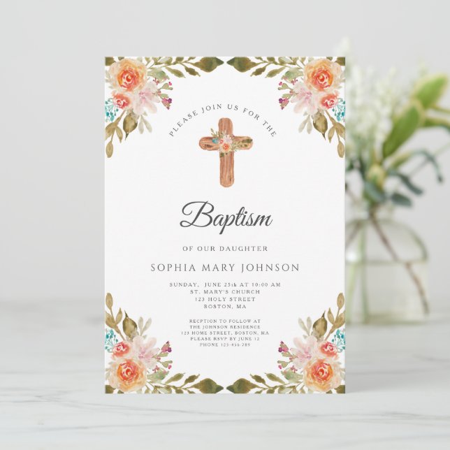 Cute Floral Religious Cross Girl Baptism  Invitation (Standing Front)