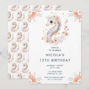 Cute Floral Seahorse Birthday Party Invitation