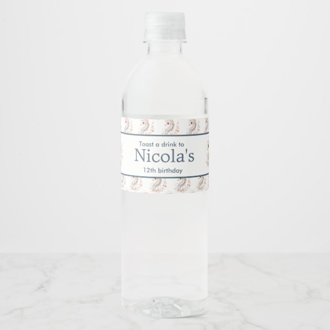 Cute Floral Seahorse Birthday Party Water Bottle Label (Front)