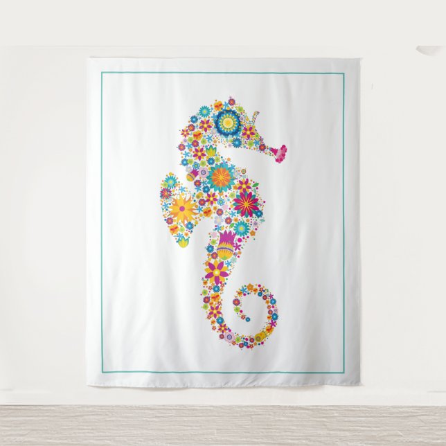 Cute floral seahorse illustration tapestry (Front)