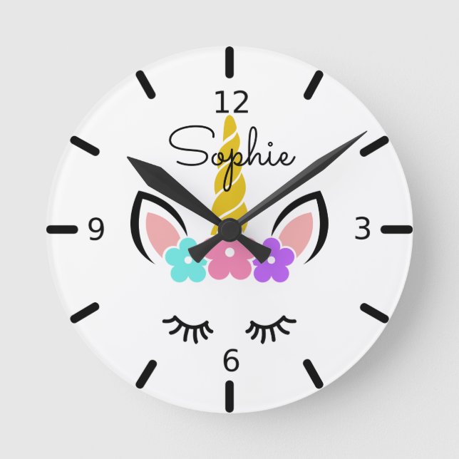 Cute Floral Sleeping Unicorn Round Clock (Front)