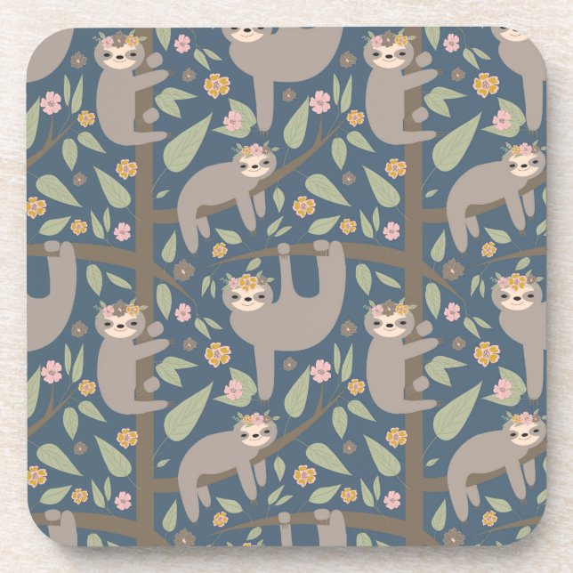 Cute Floral Sloth Pattern Coaster (Front)