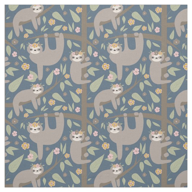 Cute Floral Sloth Pattern Fabric (Swatch)