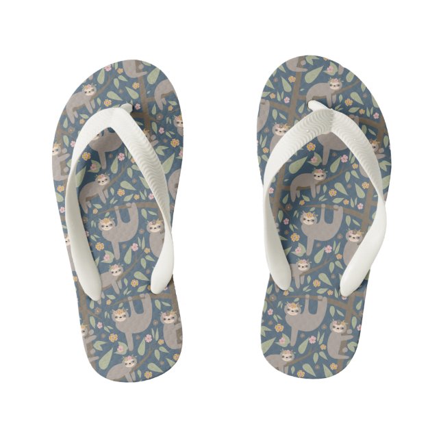 Cute Floral Sloth Pattern Kid's Flip Flops (Footbed)