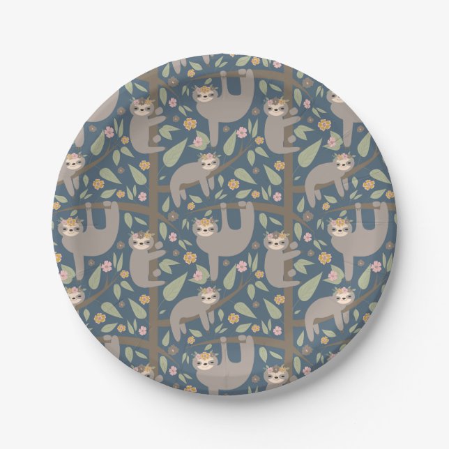 Cute Floral Sloth Pattern Paper Plate (Front)