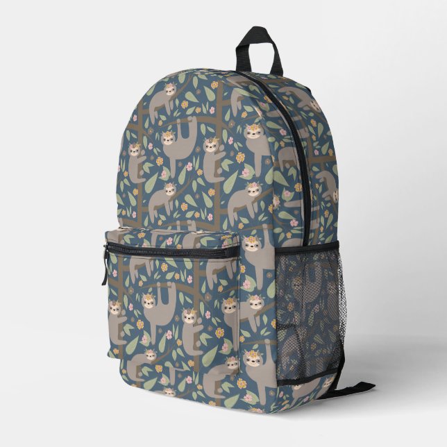 Cute Floral Sloth Pattern Printed Backpack (Back Corner Right)
