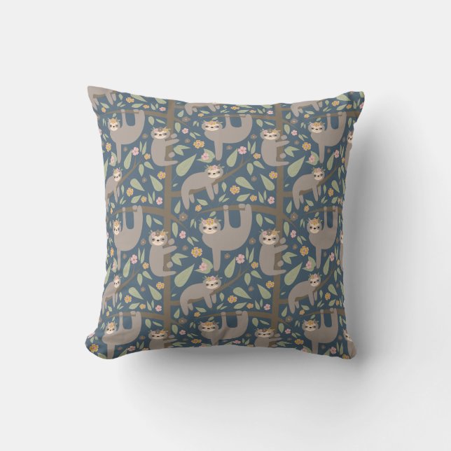 Cute Floral Sloth Pattern Throw Pillow (Front)