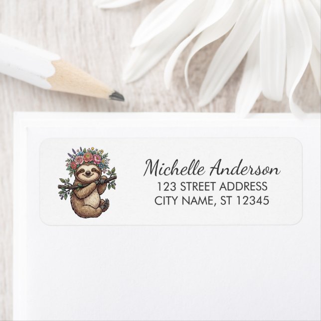 Cute Floral Sloth with Flower Crown Return Address (Insitu)