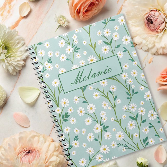 Cute Floral Spring Daisy Green Personalized Notebook (Creator Uploaded)