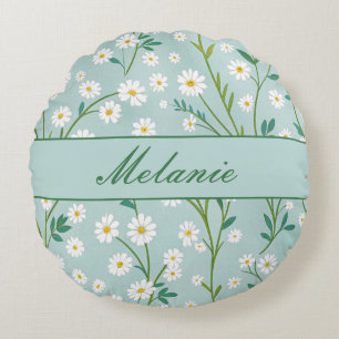 Cute Floral Spring Daisy Green Personalized Round Pillow