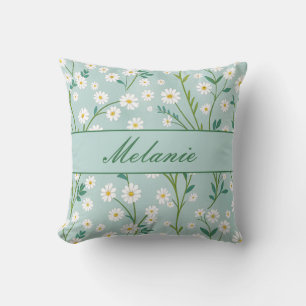 Cute Floral Spring Daisy Green Personalized Throw Pillow