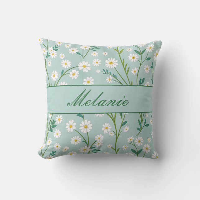 Cute Floral Spring Daisy Green Personalized Throw Pillow (Front)
