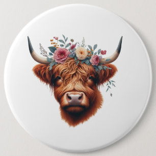 Cute, floral/spring highland cow 6 inch round button