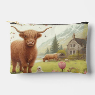 Cute, floral/spring highland cow accessory pouch