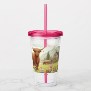 Cute, floral/spring highland cow acrylic tumbler