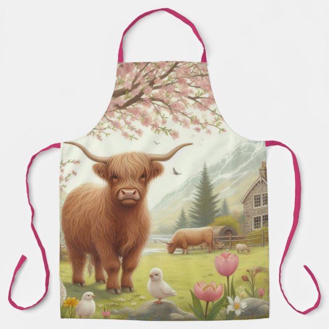 Cute, floral/spring highland cow apron (Front)