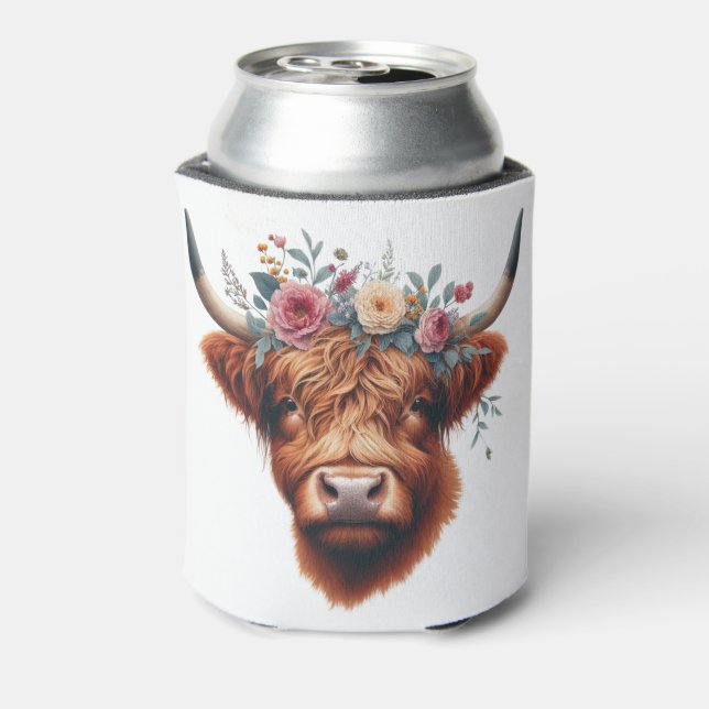 Cute, floral/spring highland cow can cooler (Can Back)