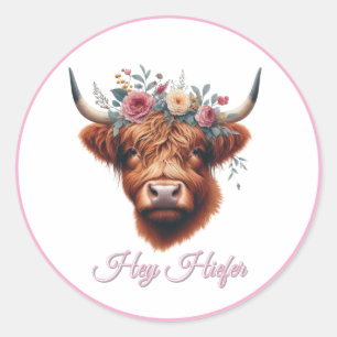 Cute, floral/spring highland cow classic round sticker