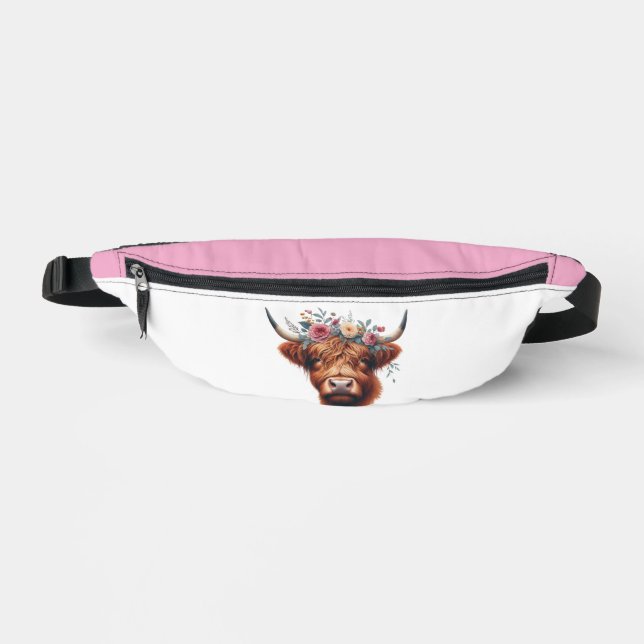 Cute, floral/spring highland cow fanny pack (Front)
