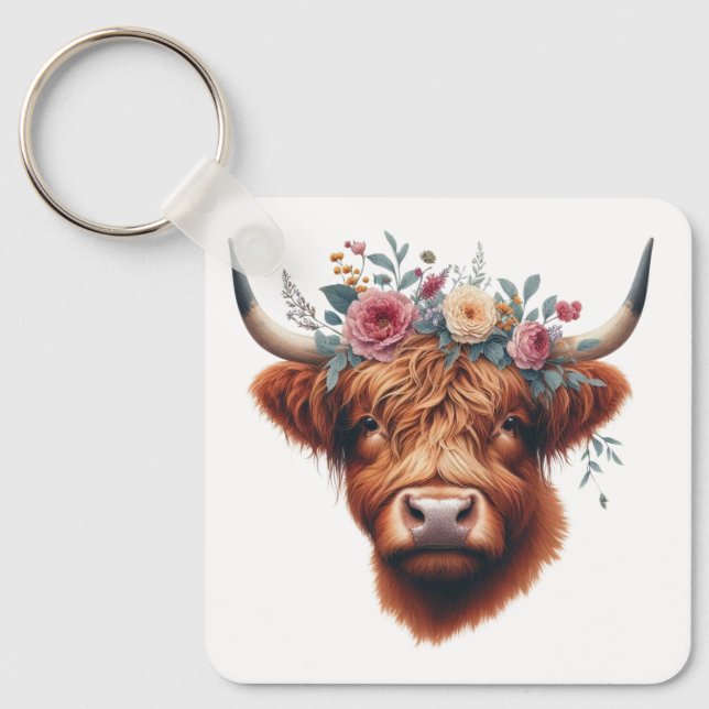 Cute, floral/spring highland cow keychain (Front)
