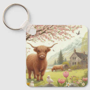 Cute, floral/spring highland cow keychain