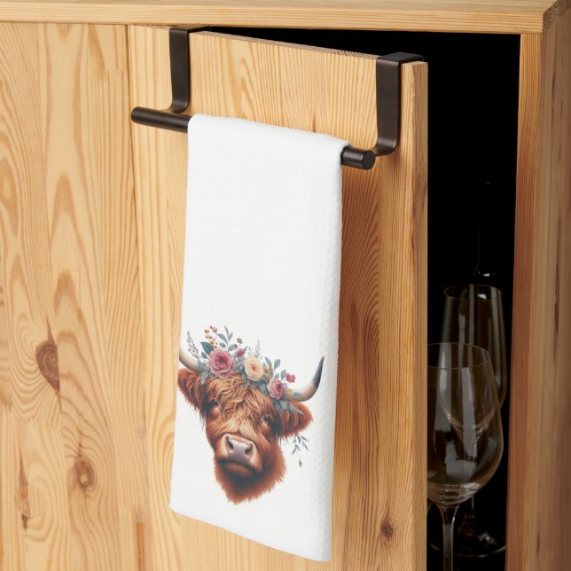Cute, floral/spring highland cow kitchen towel (Thirds Fold)
