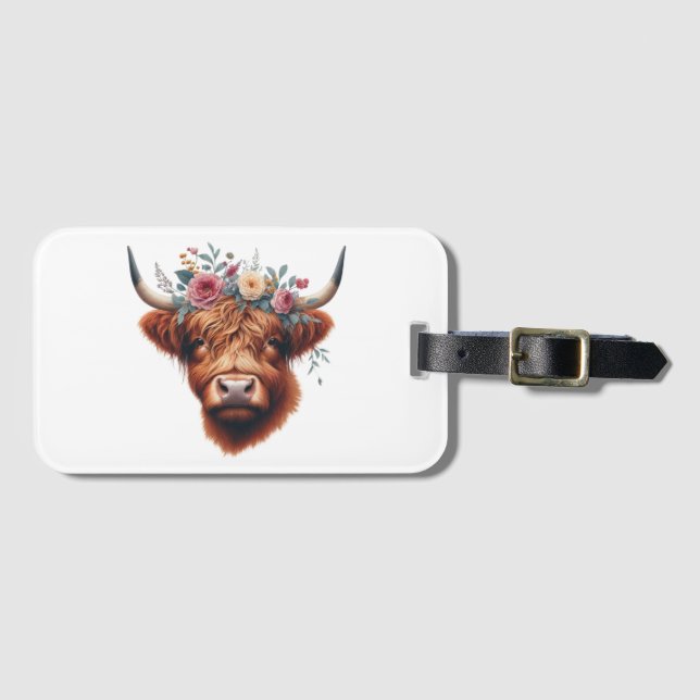 Cute, floral/spring highland cow luggage tag (Front Horizontal)