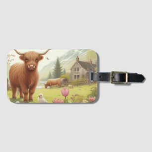 Cute, floral/spring highland cow luggage tag