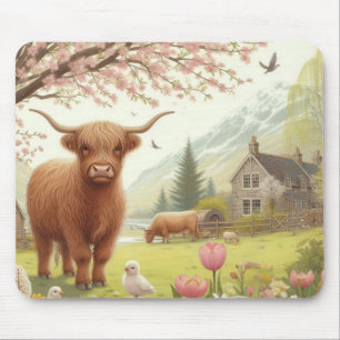 Cute, floral/spring highland cow mouse pad