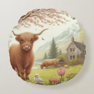 Cute, floral/spring highland cow round pillow