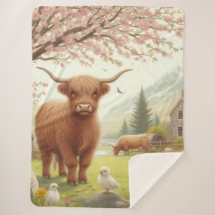 Cute, floral/spring highland cow sherpa blanket