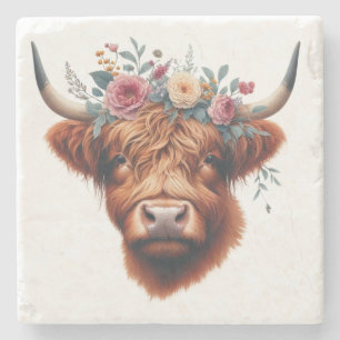 Cute, floral/spring highland cow stone coaster