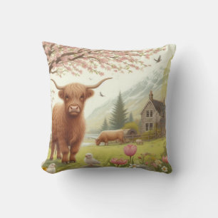 Cute, floral/spring highland cow throw pillow