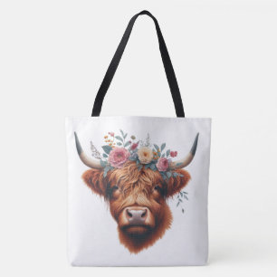 Cute, floral/spring highland cow tote bag