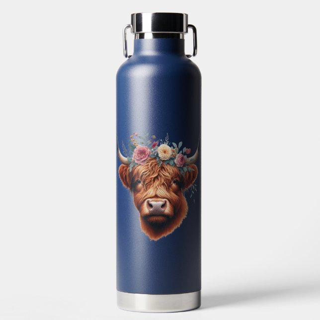 Cute, floral/spring highland cow water bottle (Front)
