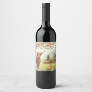 Cute, floral/spring highland cow wine label