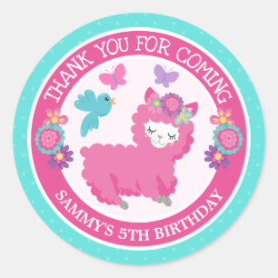 Cute Floral Spring Pink Llama Birthday Classic Round Sticker