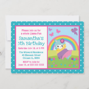 Cute Floral Spring Rainbow Llama Birthday Invitation