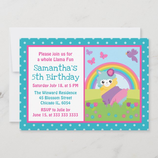 Cute Floral Spring Rainbow Llama Birthday Invitation (Front)