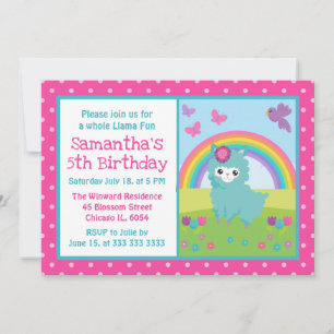 Cute Floral Spring Teal Llama & Rainbow Birthday Invitation