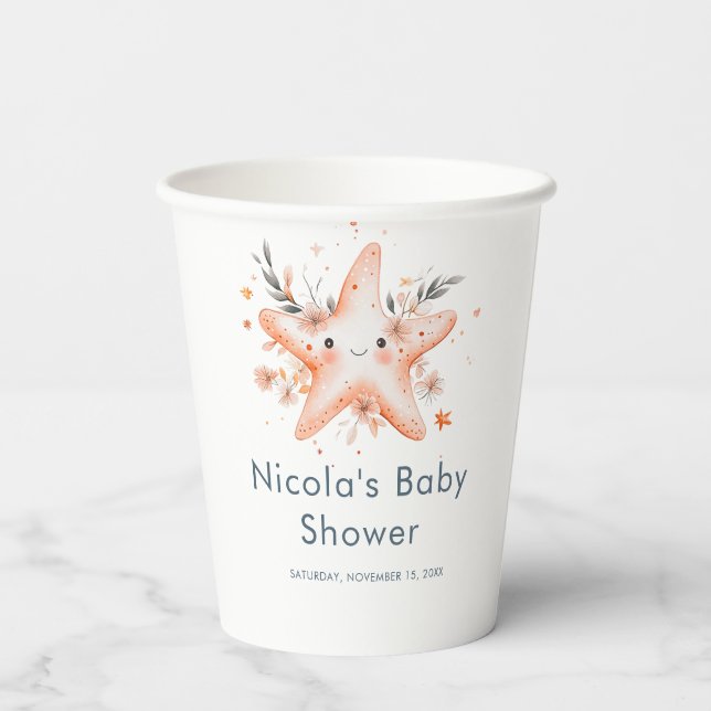 Cute Floral Starfish Baby Shower Paper Cups (Back)