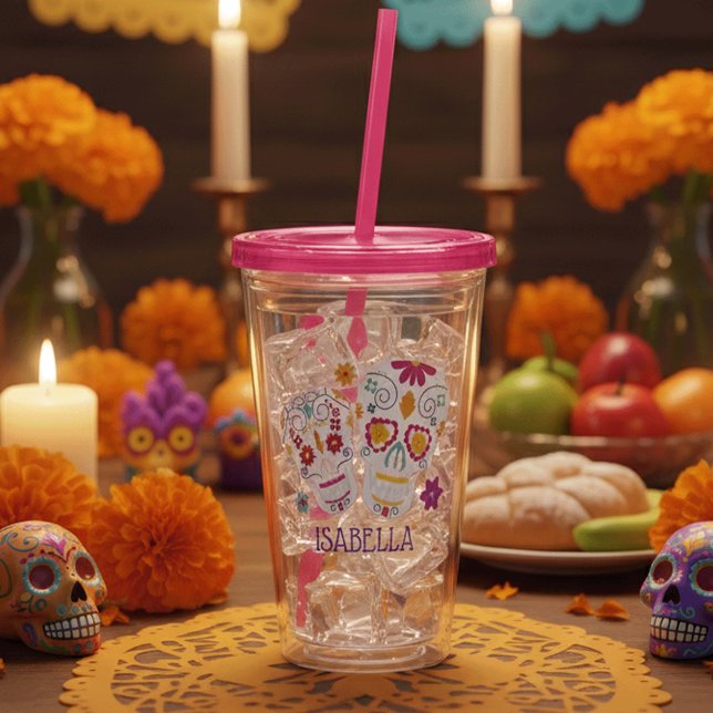 Cute Floral Sugar Skulls Personalized Acrylic Tumbler (Creator Uploaded)