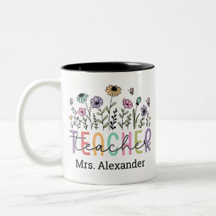 Cute Floral Teacher Appreciation Custom Name Two-Tone Coffee Mug