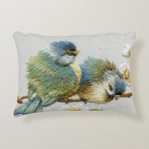 cute floral teal mint green embroidery bird accent pillow