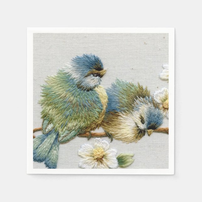 cute floral teal mint green embroidery bird napkin (Front)
