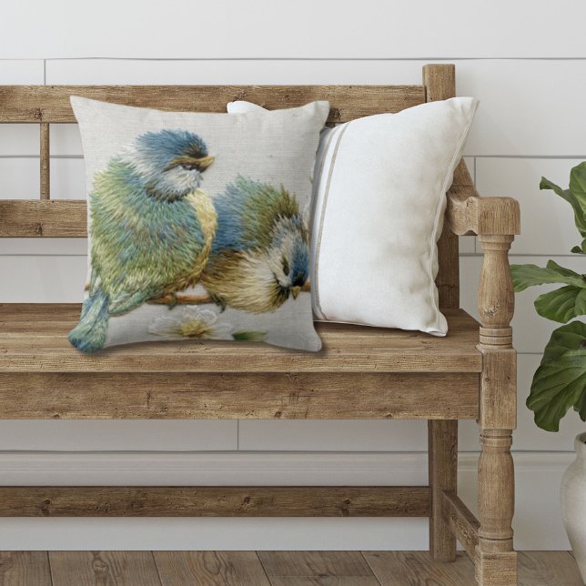 cute floral teal mint green embroidery bird throw pillow (Creator Uploaded)